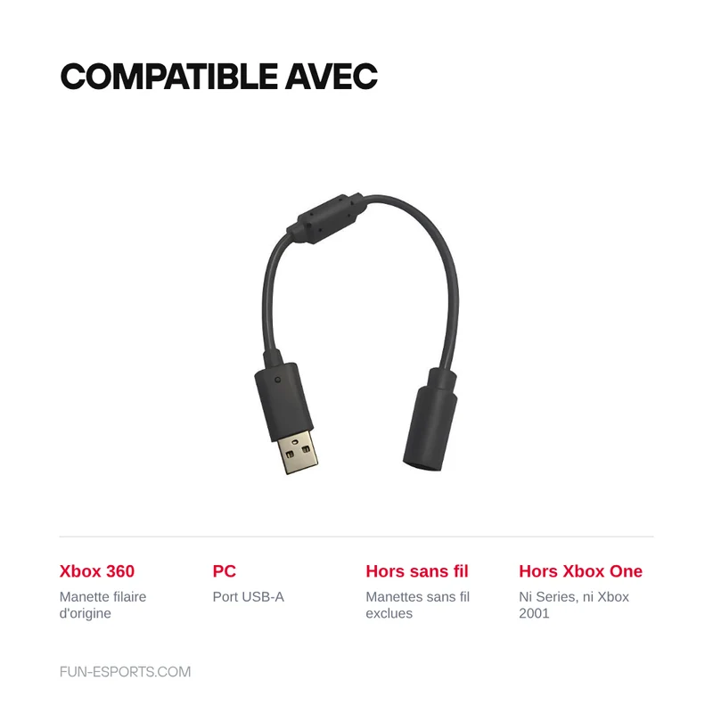 Câble adaptateur USB pour manette filaire Xbox 360