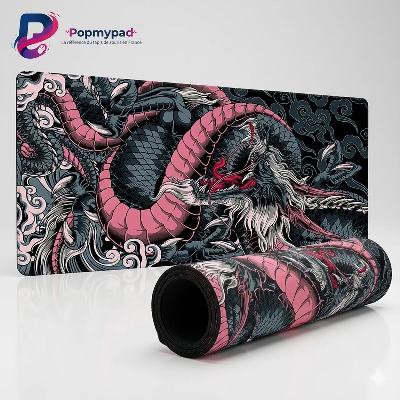 Japanese XXL Mouse Pad — Blush Pink & Charcoal Dragon | PopMyPad