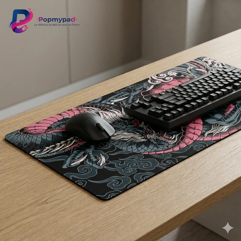 Japanese XXL Mouse Pad — Blush Pink & Charcoal Dragon | PopMyPad