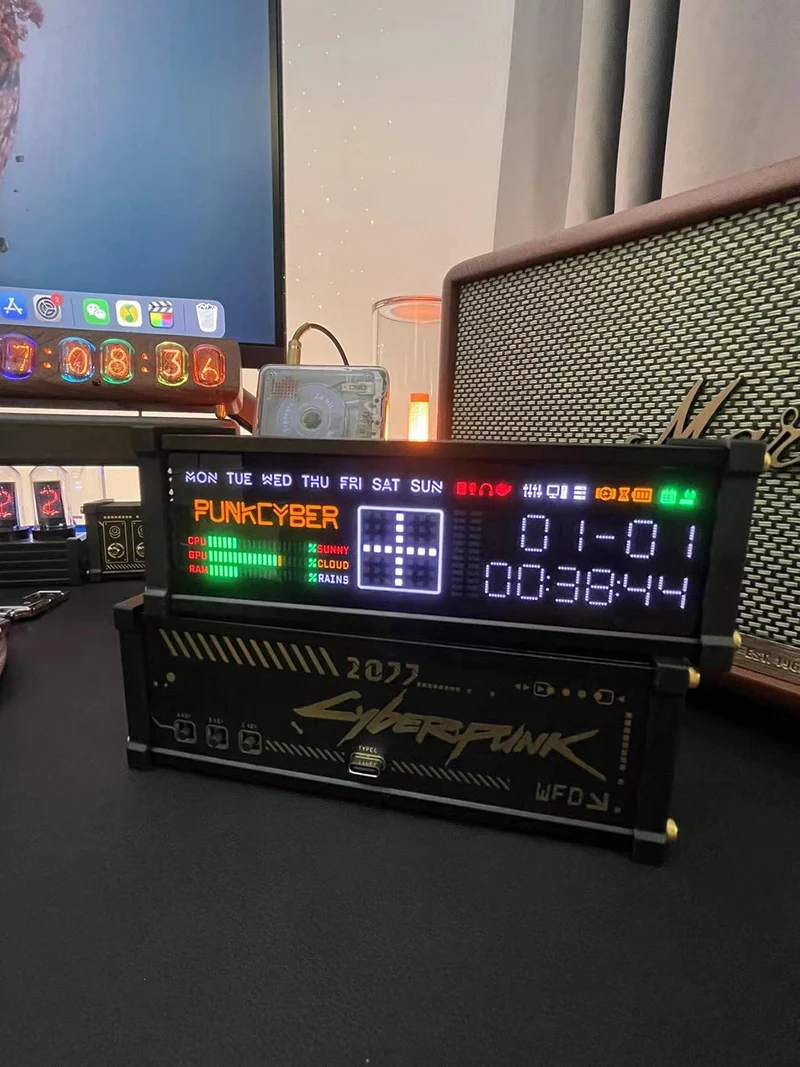 Horloge de bureau PunkCyber WFD — afficheur LED multicolore, heure, date et jour