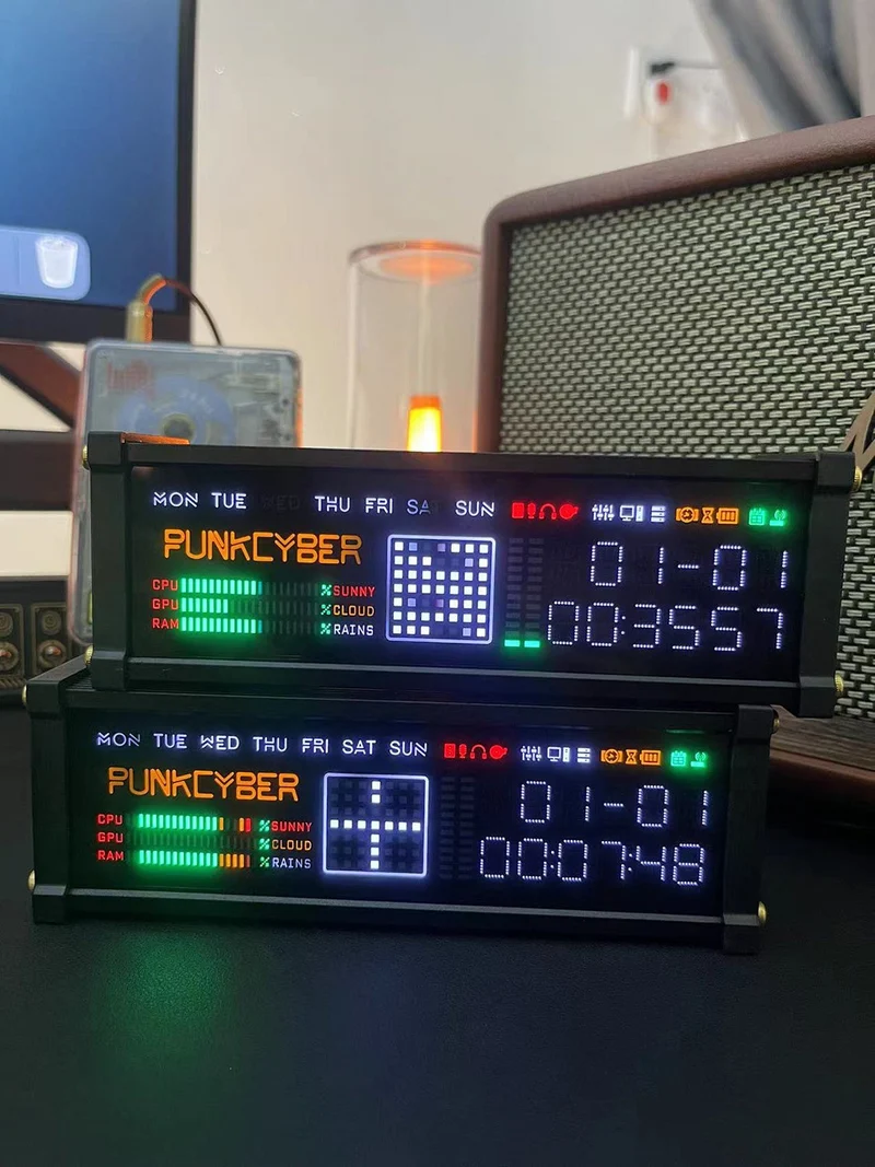 Horloge de bureau PunkCyber WFD — afficheur LED multicolore, heure, date et jour
