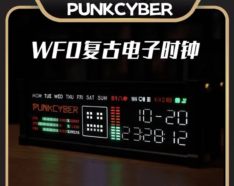 Horloge de bureau PunkCyber WFD — afficheur LED multicolore, heure, date et jour