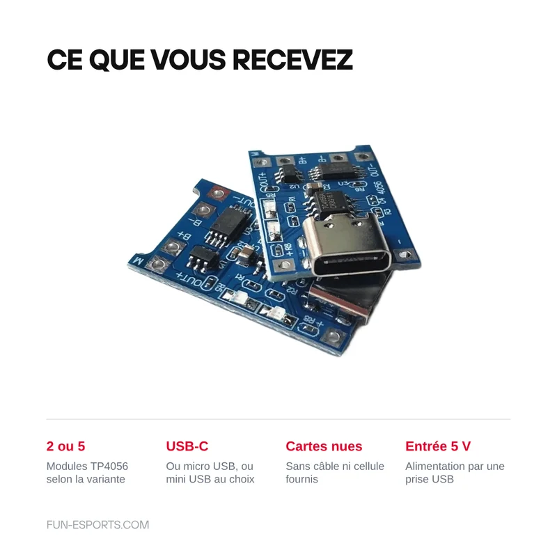 Module de charge TP4056 batterie lithium 1S — USB-C, micro ou mini