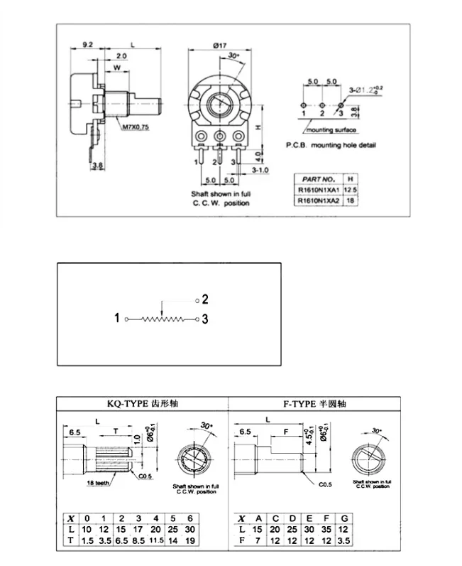 Potentiomètres WH148 axe 15 mm 3 broches — lot de 10, écrous inclus