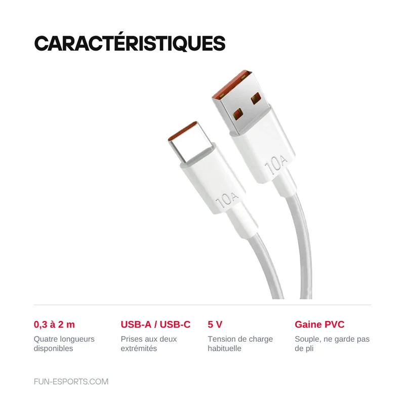 Câble de charge USB-A vers USB-C pour console rétro — 0,3 à 2 m