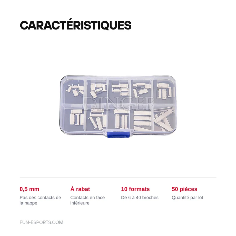 Connecteurs FFC / FPC 0,5 mm à rabat — lot de 50, 6 à 40 broches