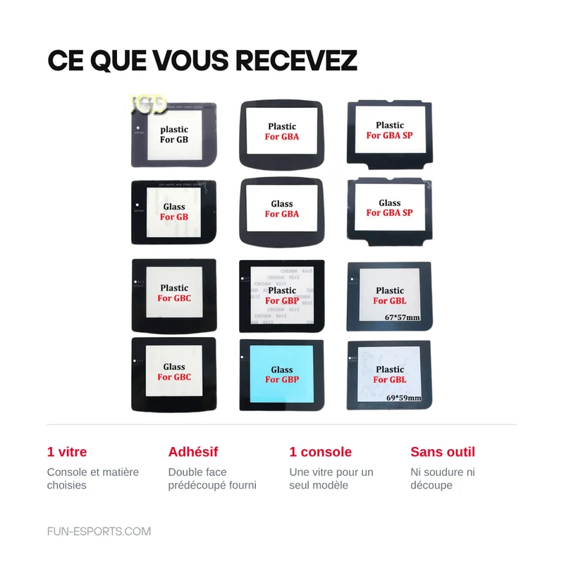 Vitre de protection Game Boy, GBC, GBA, GBA SP — verre ou plastique