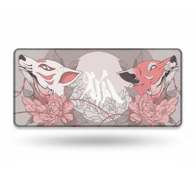 Japanese XXL Mouse Pad — Kitsune and Pastel Peonies | PopMyPad