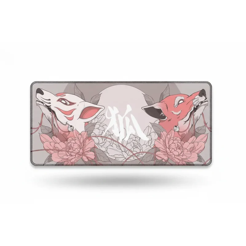 Japanese XXL Mouse Pad — Kitsune and Pastel Peonies | PopMyPad