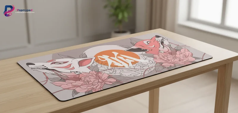 Japanese XXL Mouse Pad — Kitsune and Pastel Peonies | PopMyPad