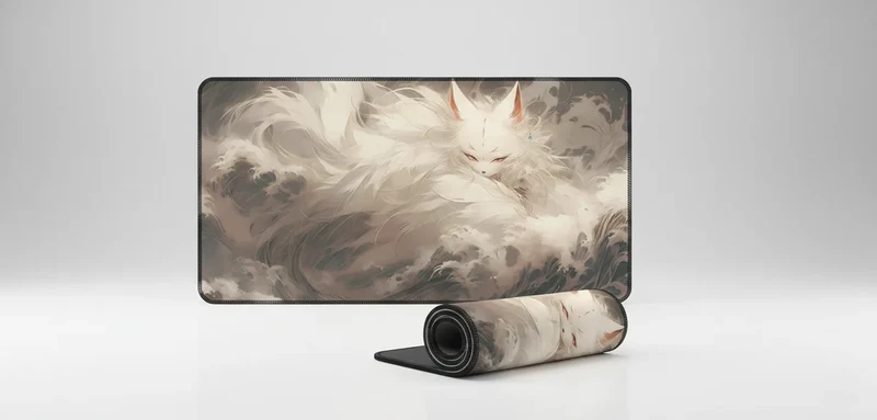 Tapis de Souris XXL Japonais — Kitsune dans l'Écume Beige | PopMyPad
