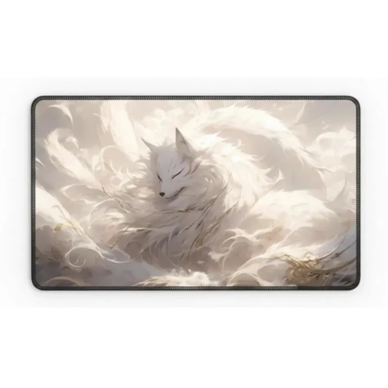 XXL Japanese Mouse Pad — Celestial Kitsune in White & Gold | PopMyPad