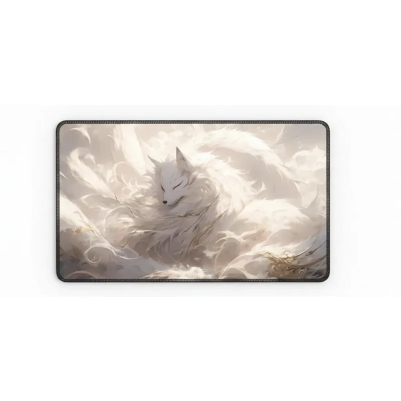 XXL Japanese Mouse Pad — Celestial Kitsune in White & Gold | PopMyPad
