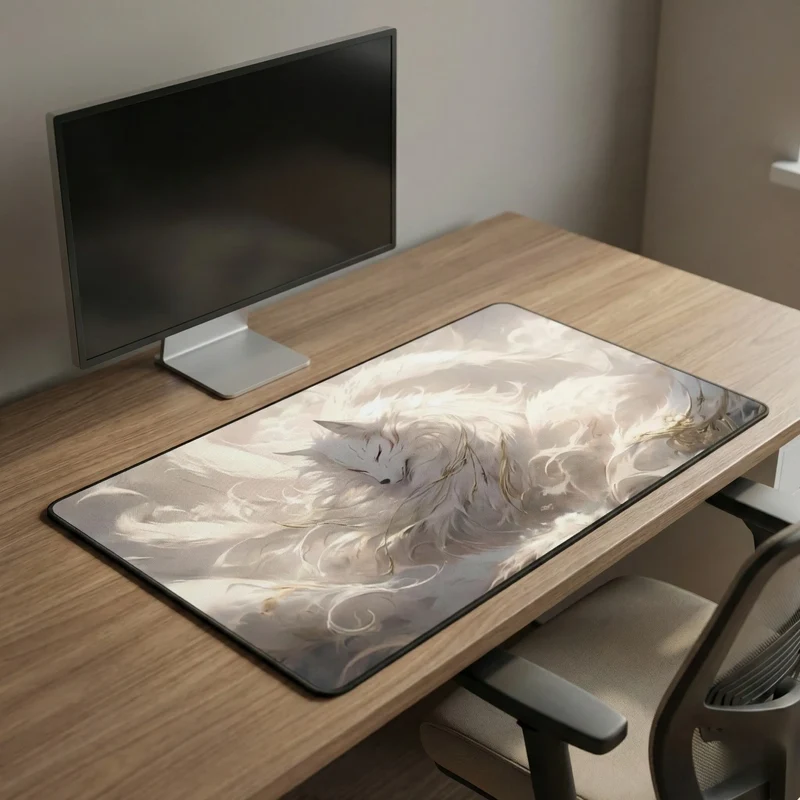 XXL Japanese Mouse Pad — Celestial Kitsune in White & Gold | PopMyPad