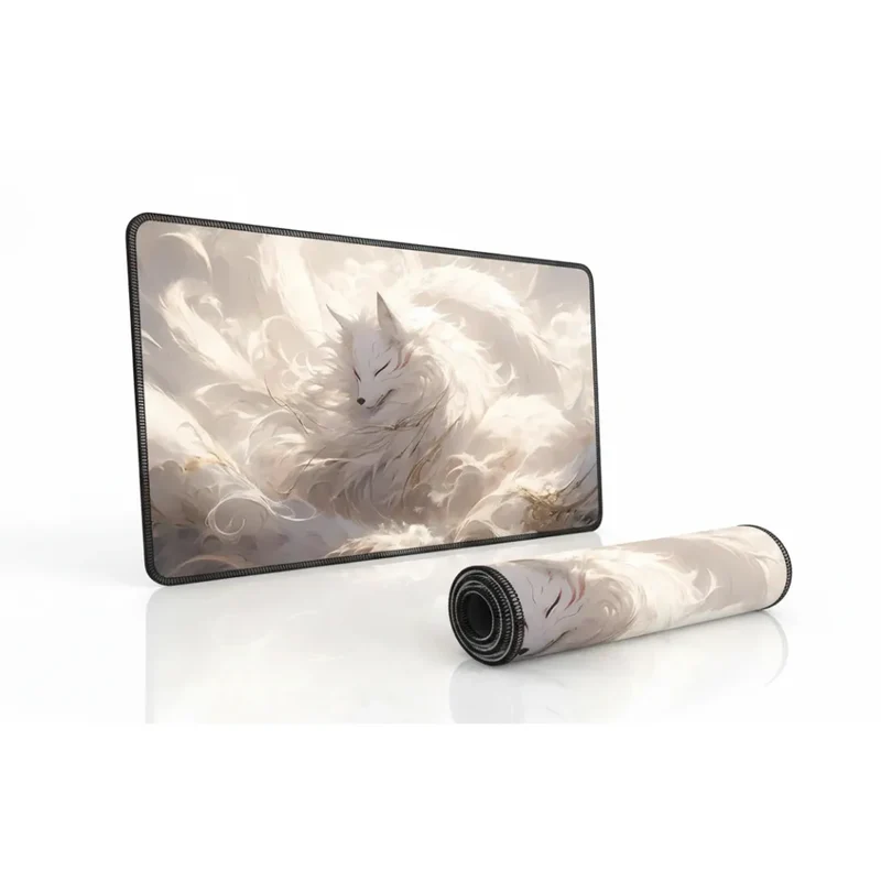 XXL Japanese Mouse Pad — Celestial Kitsune in White & Gold | PopMyPad