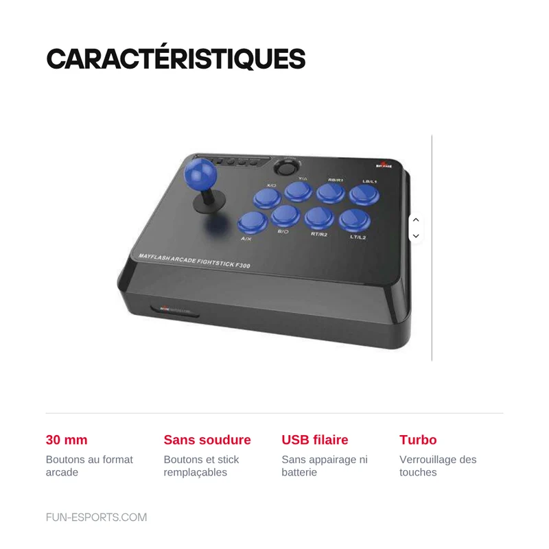 Stick arcade filaire Mayflash F300 — boutons 30 mm remplaçables