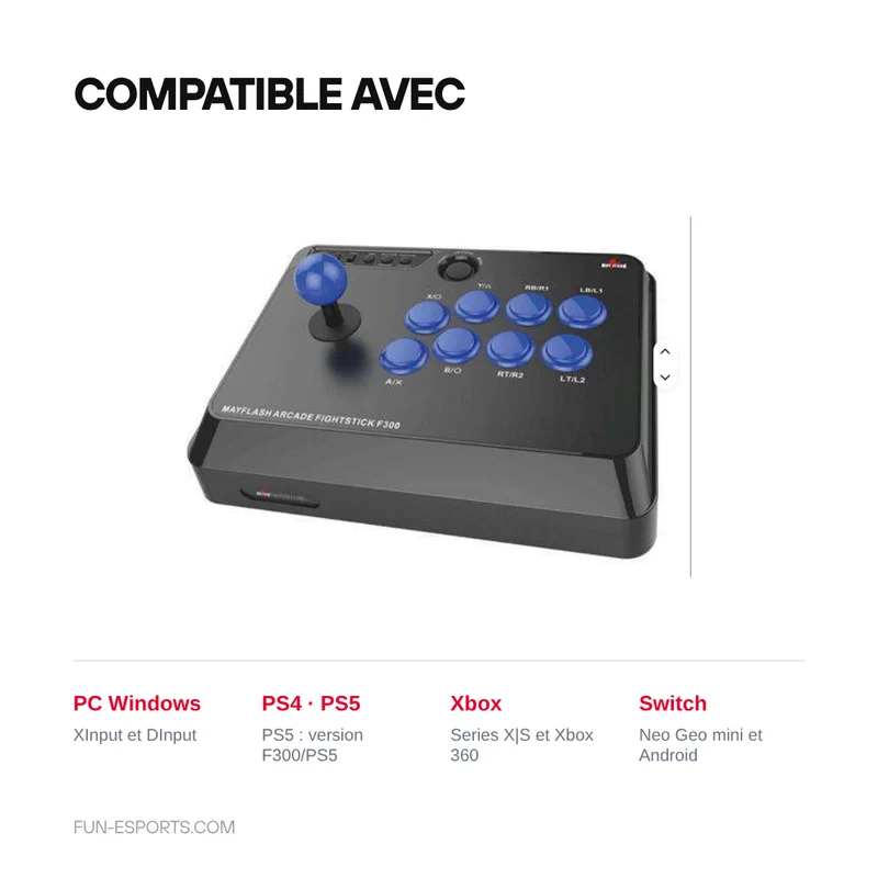 Stick arcade filaire Mayflash F300 — boutons 30 mm remplaçables