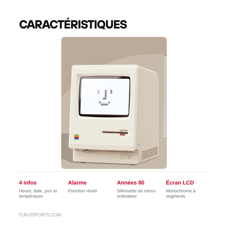 Réveil de bureau à écran LCD — boîtier inspiré des micro-ordinateurs des années 80