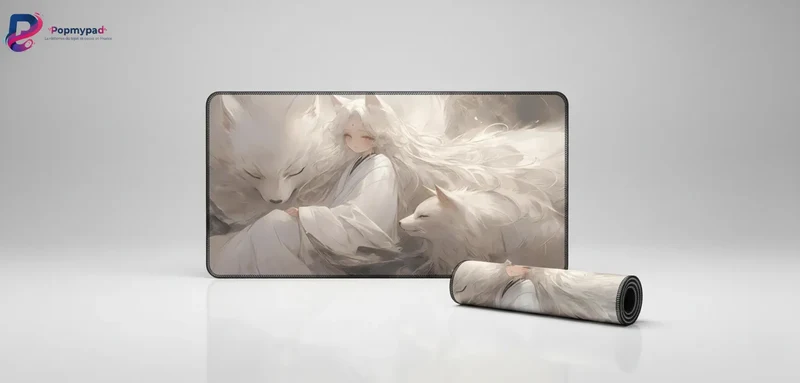 XXL Fox Mouse Pad — Dreamlike White & Pearl Grey | PopMyPad