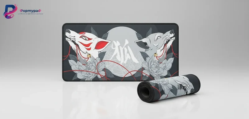 XXL Japanese Mouse Pad — Ink & Red Kitsune | PopMyPad