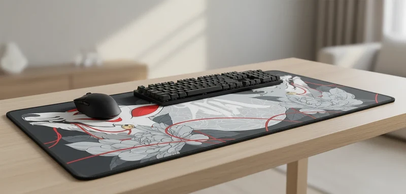 XXL Japanese Mouse Pad — Ink & Red Kitsune | PopMyPad