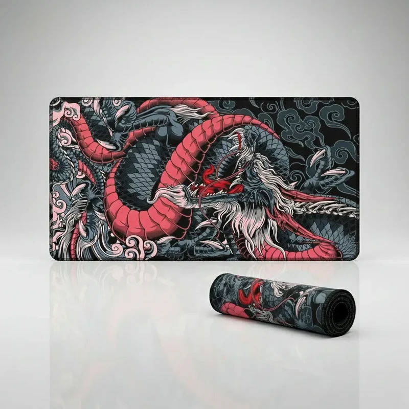 XXL Japanese Mouse Pad — Ochre & Charcoal Ryū Dragon | PopMyPad