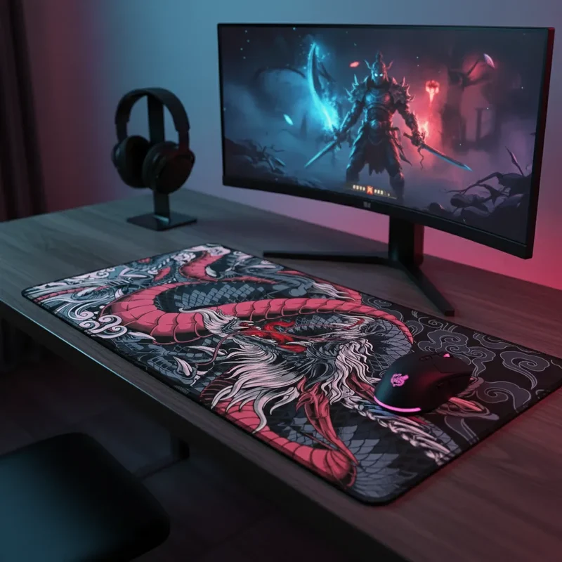 XXL Japanese Mouse Pad — Ochre & Charcoal Ryū Dragon | PopMyPad