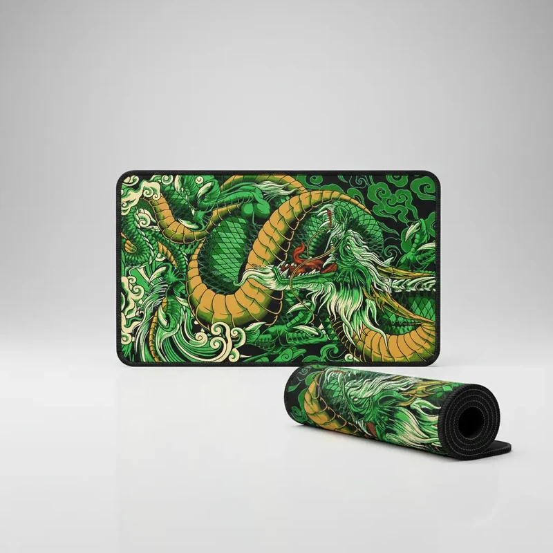 Tapis de Souris XXL Japonais — Dragon Écailles Émeraude et Or | PopMyPad