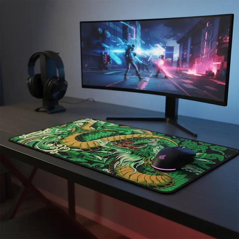 Tapis de Souris XXL Japonais — Dragon Écailles Émeraude et Or | PopMyPad