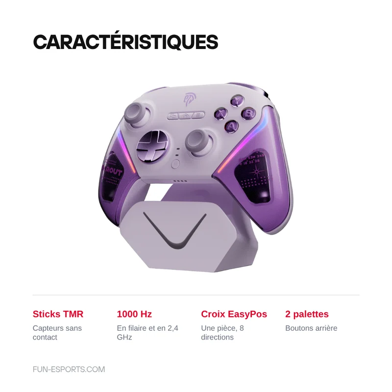 Manette EasySMX D10 violette PC et Switch — sticks TMR et dock de charge fourni
