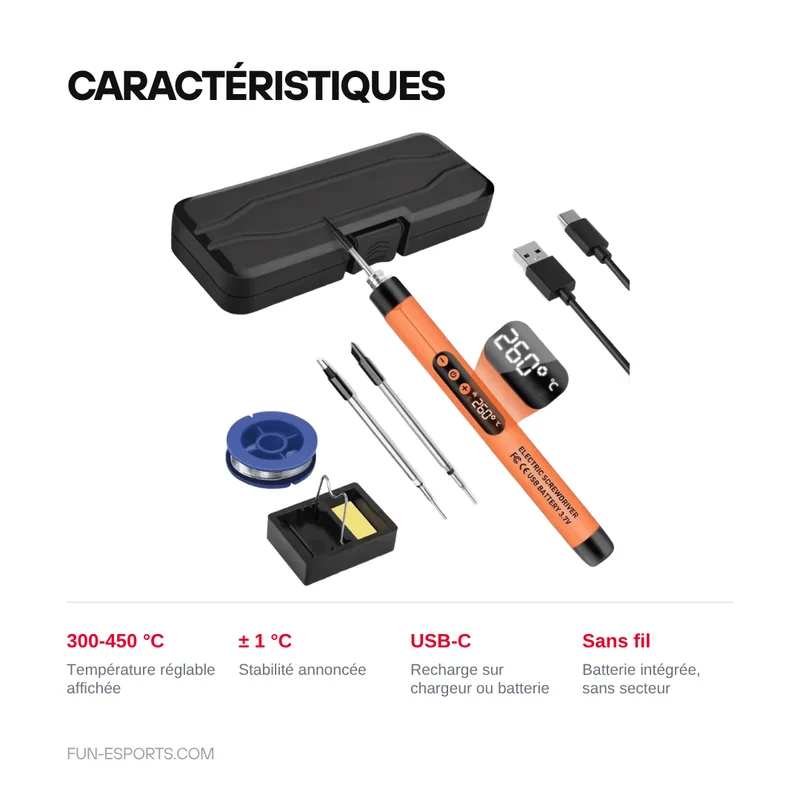Fer à souder sans fil USB-C JCD C200 — réglable 300 à 450 °C