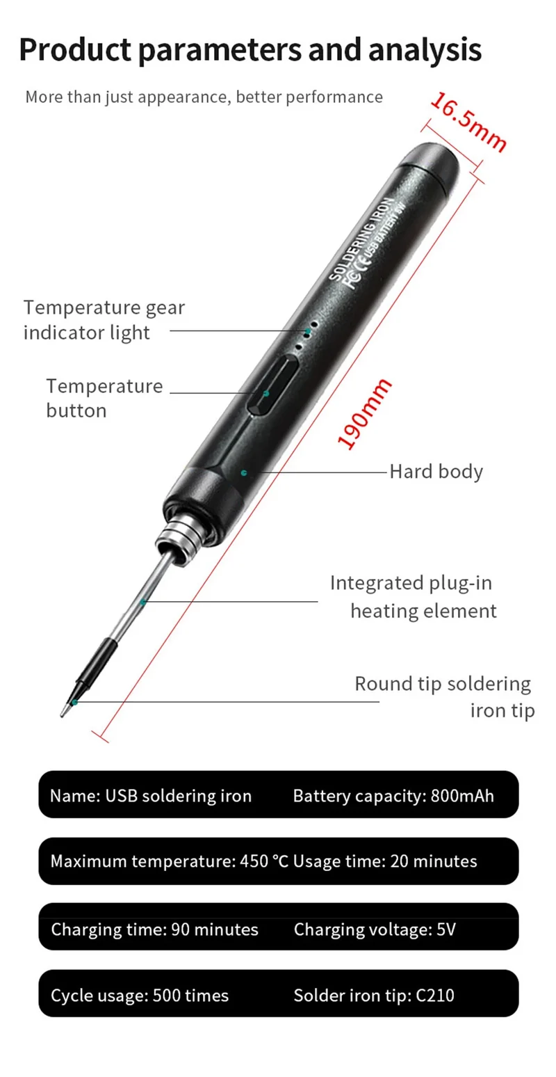 Fer à souder sans fil USB-C JCD C200 — réglable 300 à 450 °C