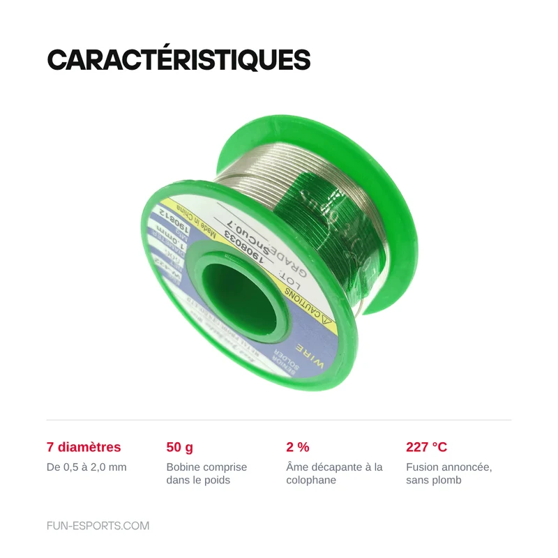Fil à souder sans plomb 50 g — âme décapante, Ø 0,5 à 2,0 mm