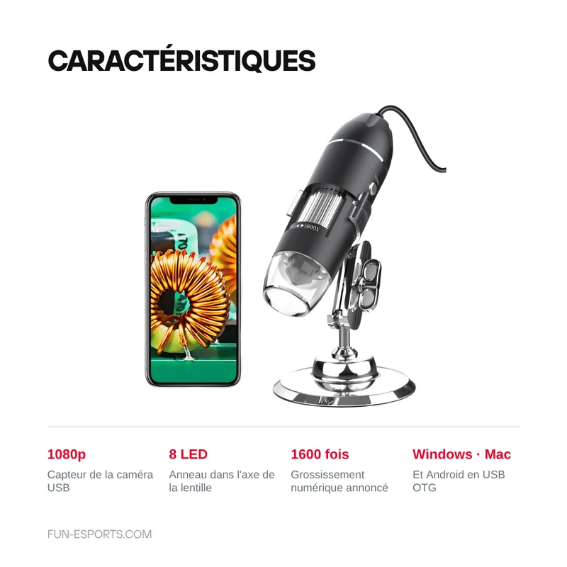 Microscope numérique USB pour soudure — 8 LED, capteur 1080p