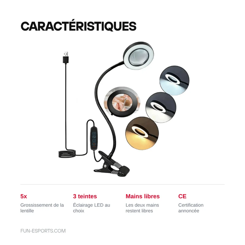 Lampe loupe LED 5x pour établi — 3 teintes, soudure et modding
