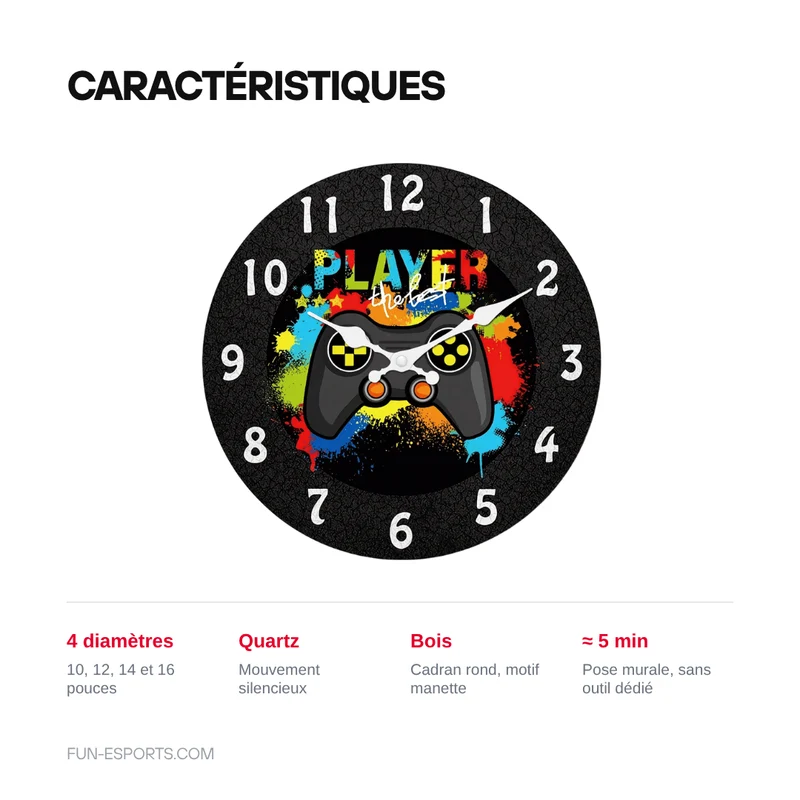 Horloge murale manette de jeu en bois — quartz silencieux
