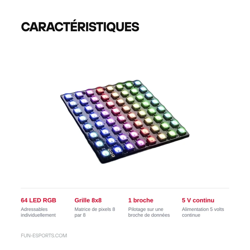 Matrice LED RGB 8x8 WS2812 — 64 pixels adressables, pixel art DIY