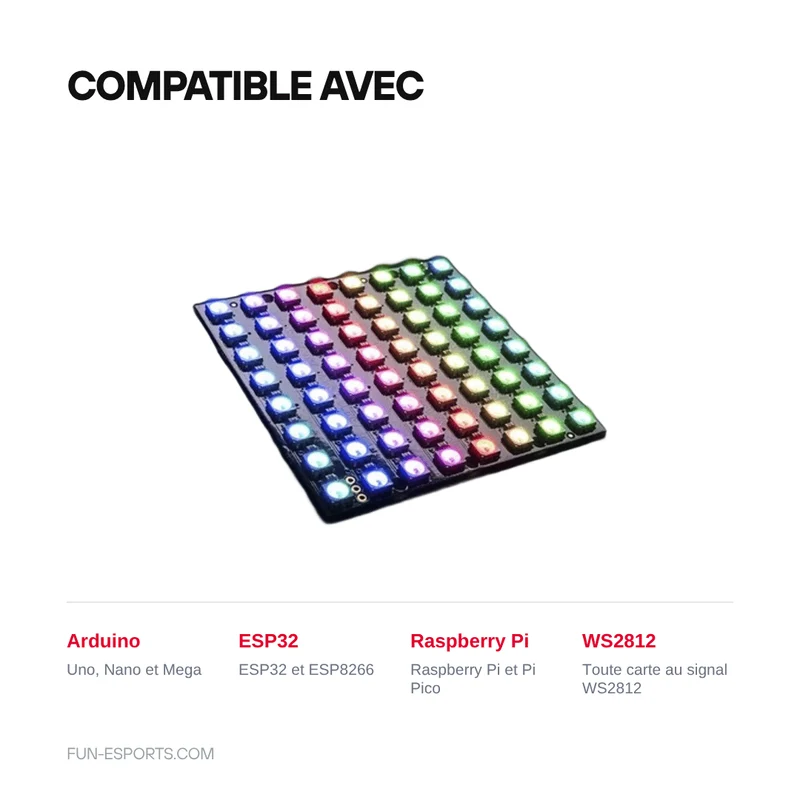 Matrice LED RGB 8x8 WS2812 — 64 pixels adressables, pixel art DIY