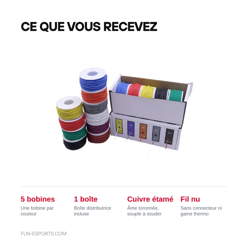Fil silicone souple 5 couleurs — câblage de mod, 20 à 30 AWG