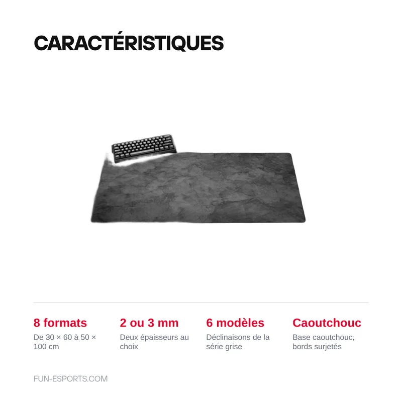 Tapis de souris XXL série grise — bords surjetés, base caoutchouc