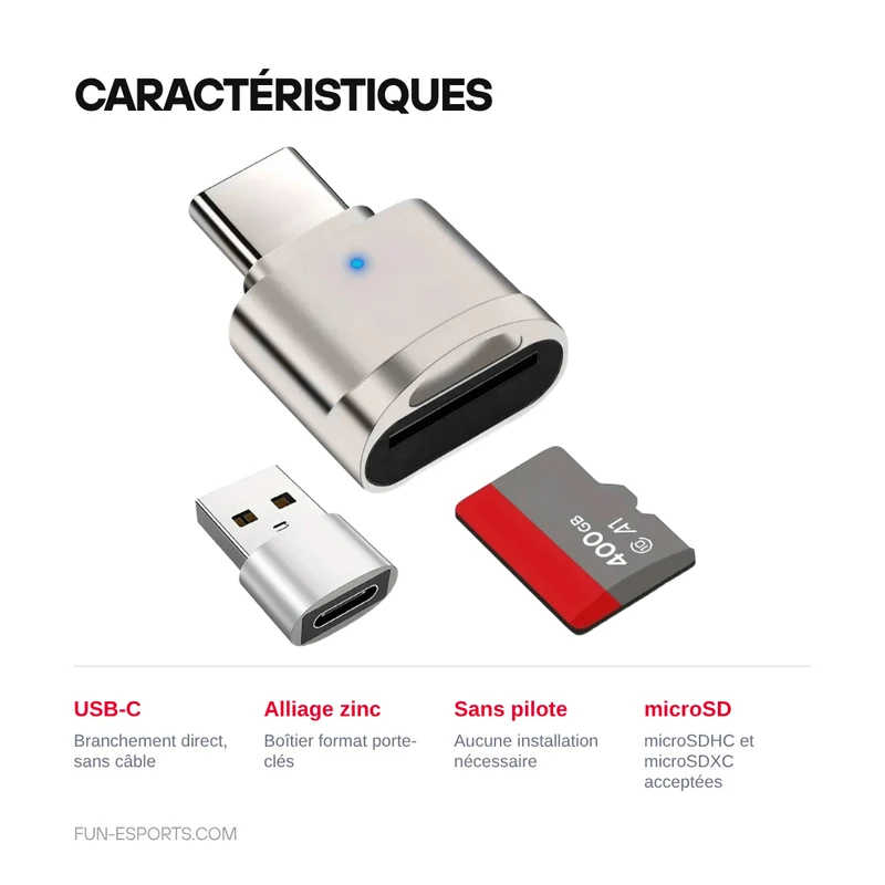 Lecteur de carte microSD USB-C — adaptateur USB-A inclus, corps zinc