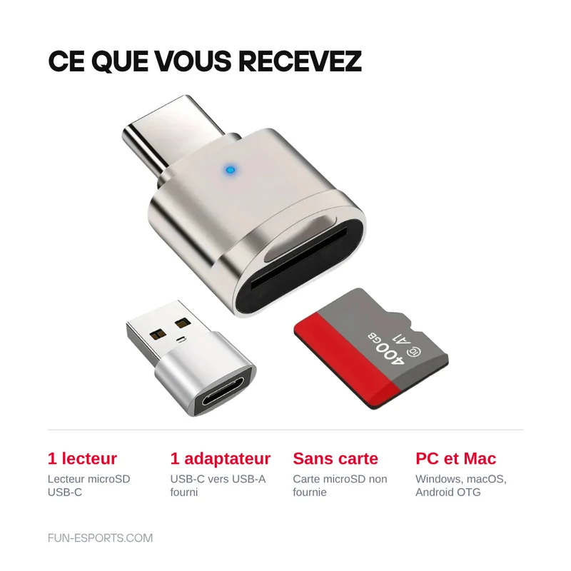 Lecteur de carte microSD USB-C — adaptateur USB-A inclus, corps zinc