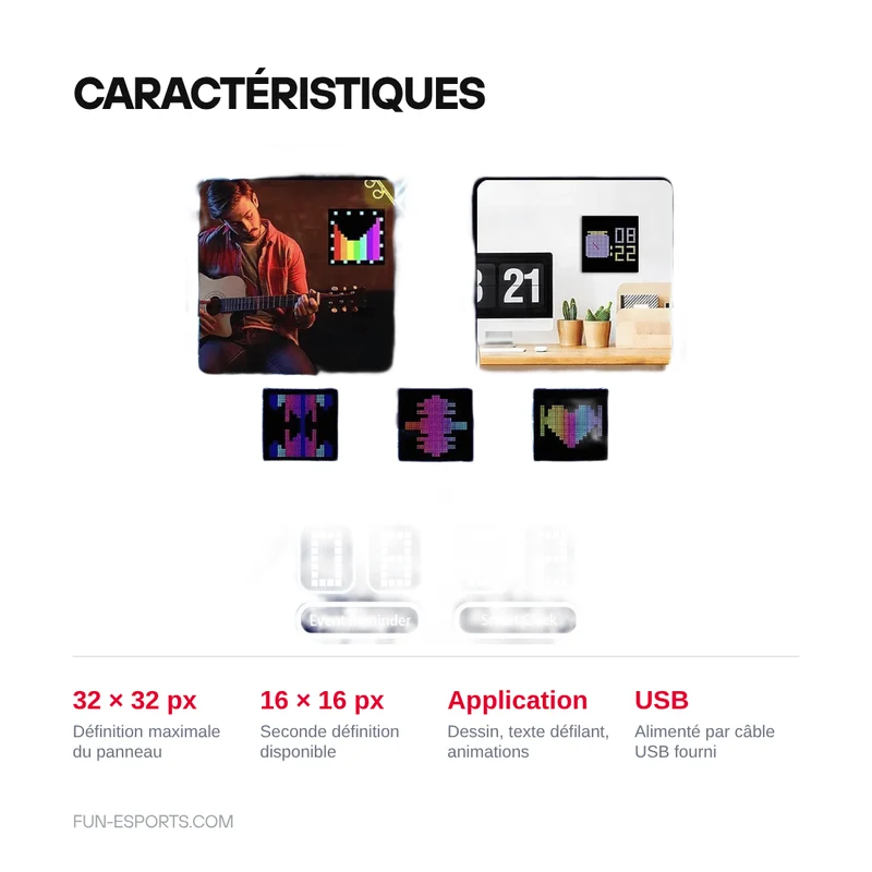 Panneau LED pixel pilotable par application — 16×16 ou 32×32