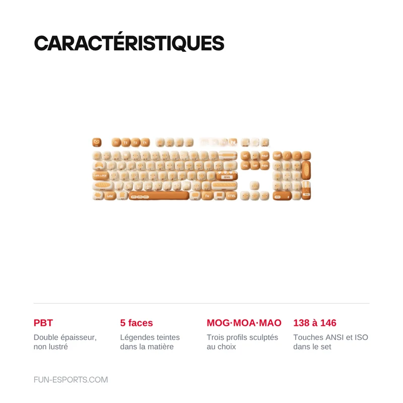 Set de keycaps PBT Akko — profils MOG, MOA et MAO, dye-sub 5 faces