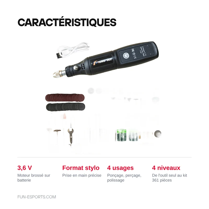 Mini-outil rotatif sans fil 3,6 V — découpe de coques et ponçage