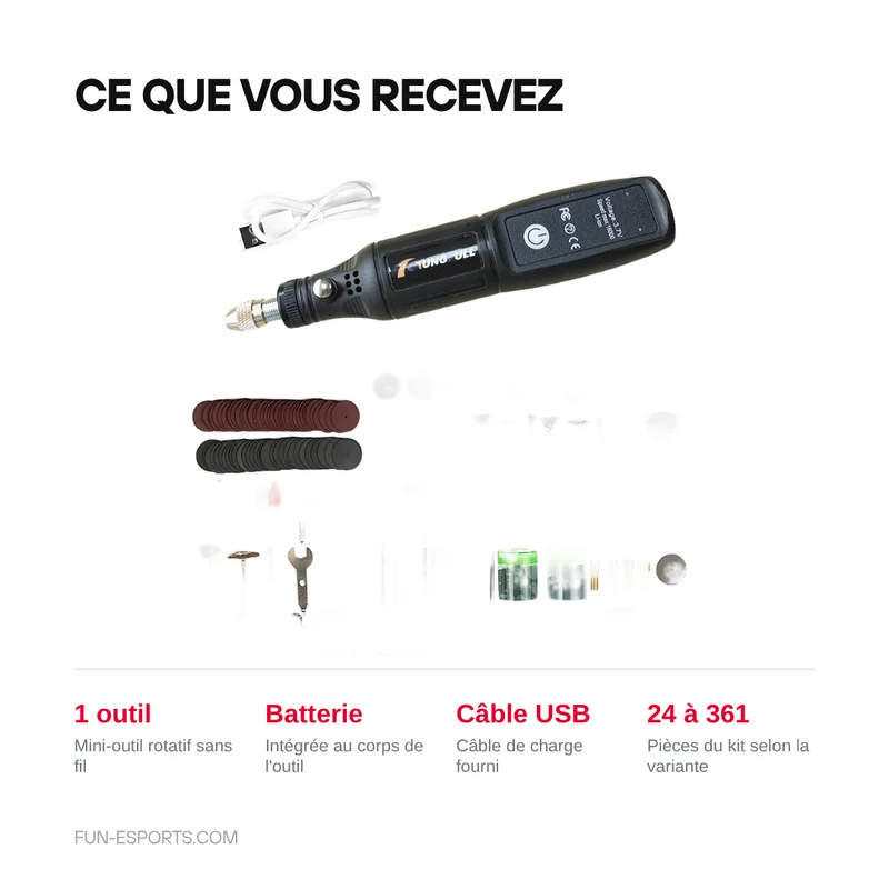 Mini-outil rotatif sans fil 3,6 V — découpe de coques et ponçage
