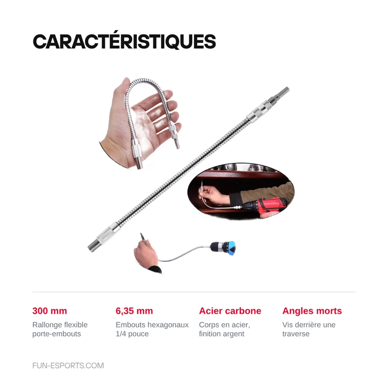 Arbre flexible 300 mm pour embouts 6,35 mm — vissage en angle