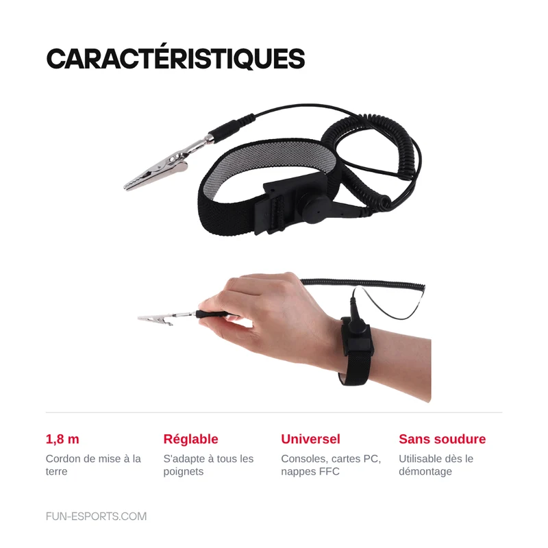 Bracelet antistatique ESD réglable — cordon de mise à la terre 1,8 m