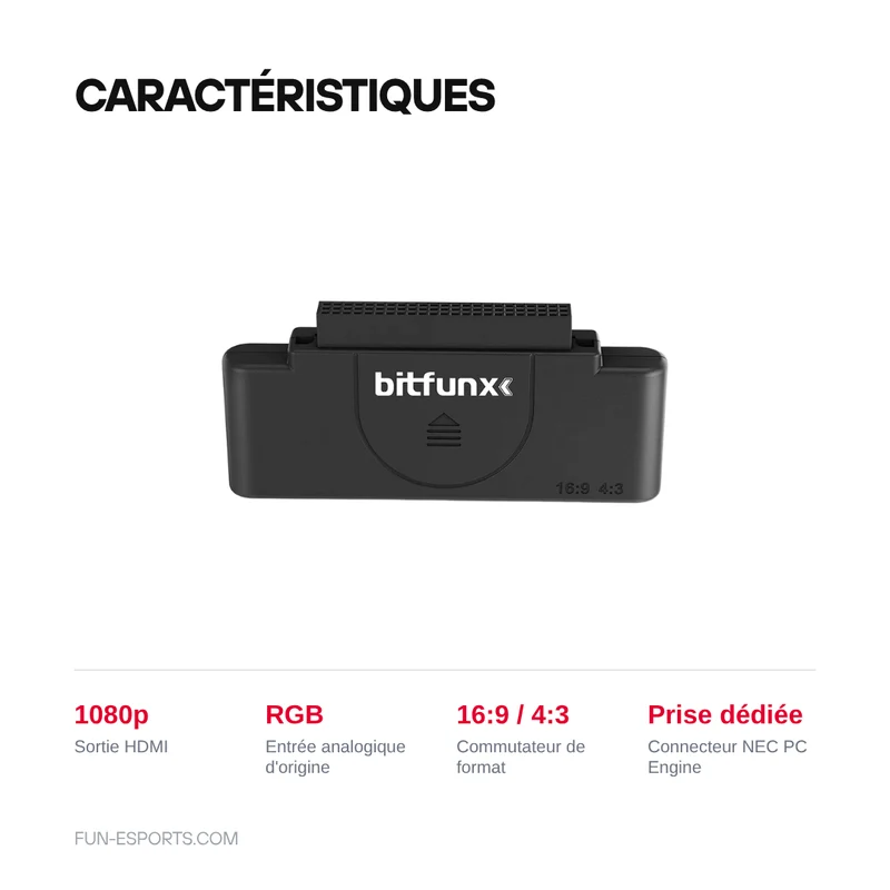 Convertisseur RGB vers HDMI 1080p PC Engine — BitFunx, switch 16:9 / 4:3