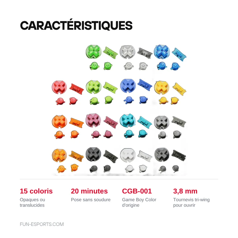 Jeu de boutons Game Boy Color — A/B, croix, Start/Select, 15 coloris